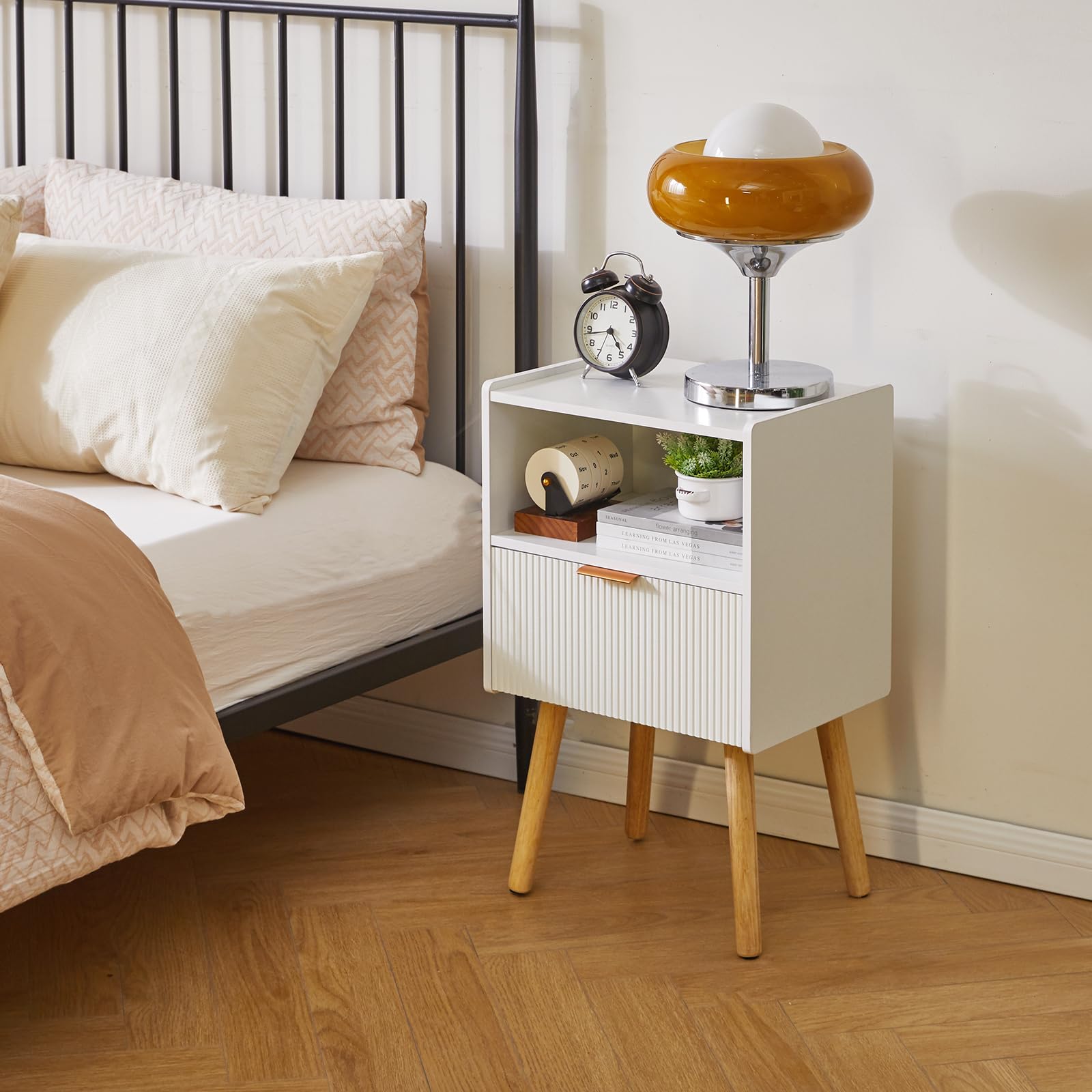 Aibiju Modern Nightstand, Bedside Tables with Drawer, 2-Tier Night Table, Mid Century Nightstands with Open Storage Shelf