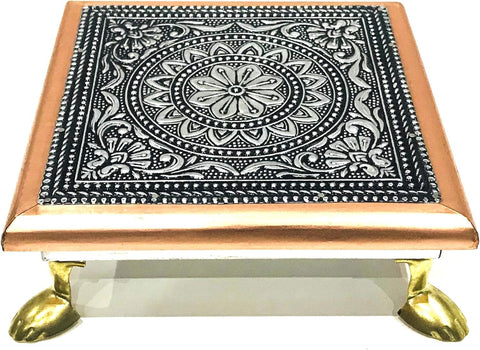 AARNAV 6" x 6" Handcrafted Low Table Bajath Bajot Chowki For God Temple or Lamp or Vase or Hindu Puja Oxidised Copper Table (Oxidised Copper 6"x6")