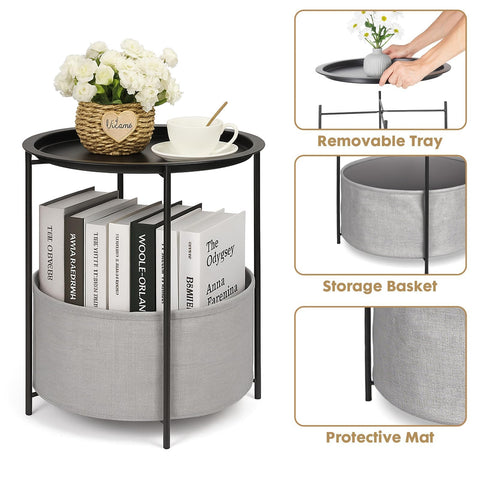 Rinkgarden Round Side Table with Fabric Basket, Modern and Sturdy, Metal End Table for Living Room, Bedroom, Bedside Table, Nursery