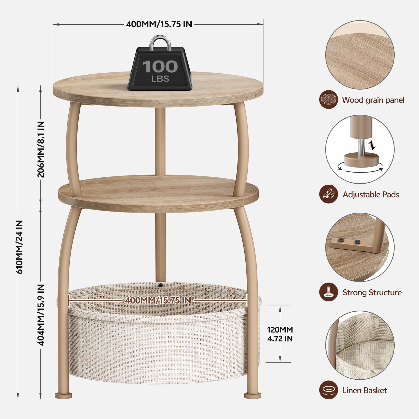Yuede Side Table with Fabric Basket, Round End Table, 3 Tier Bedside Table, Coffee Table for Living Room, Bed Room, Modern, 40 x 61 cm, Ork Gray