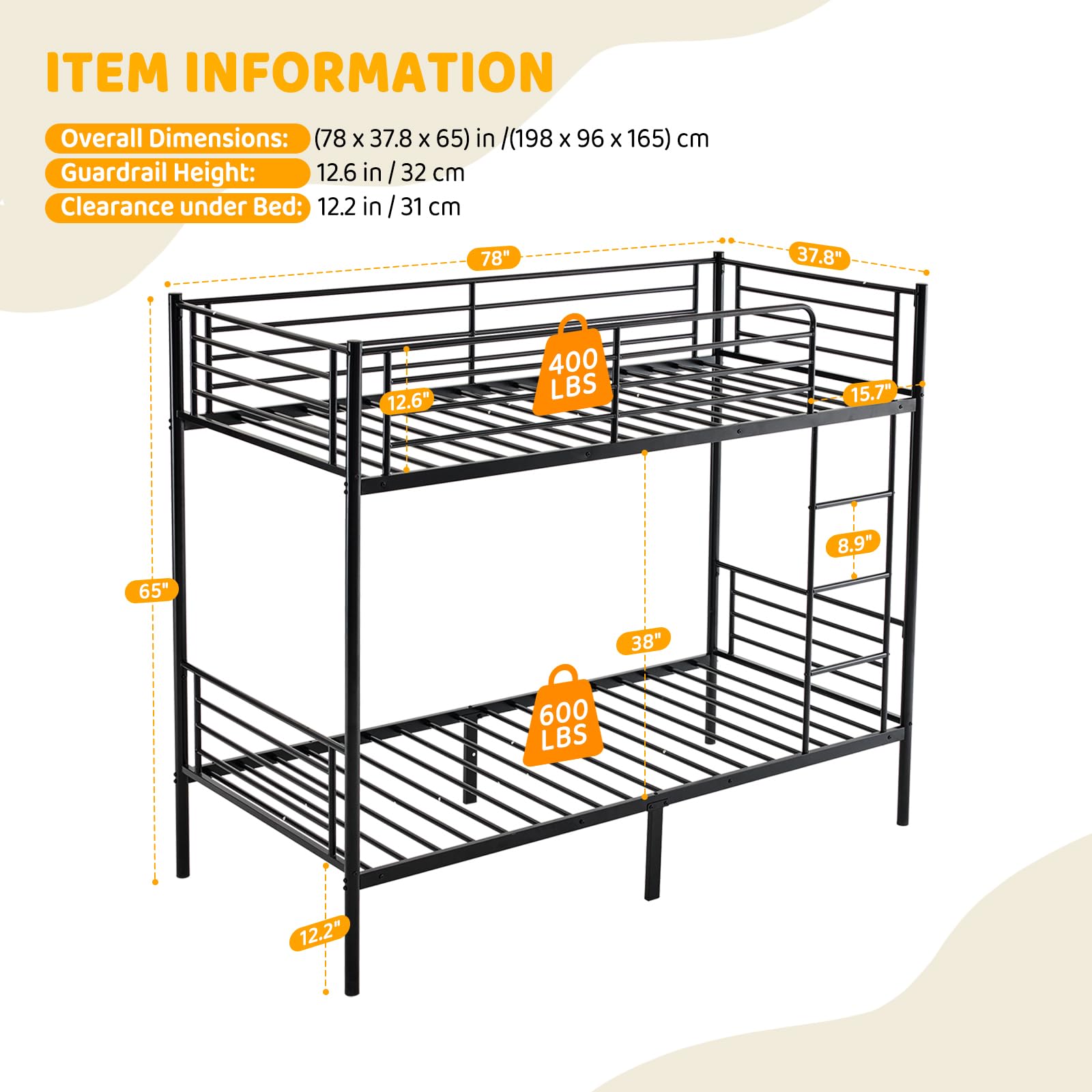 Bonnlo Metal Bunk Bed, Single over Single Loft Bed Frame with Ladder and Safety Guardrail