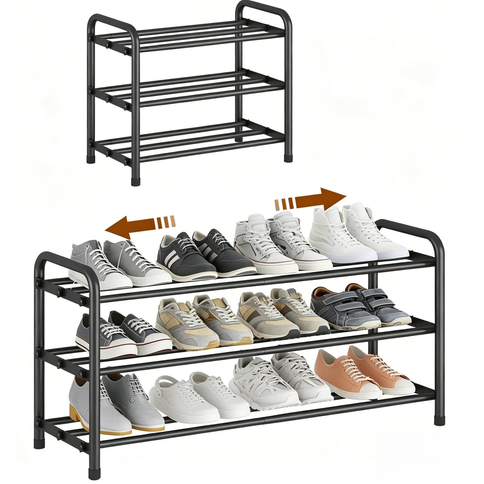 YUWHFEI Extendable 3-Tier Metal Shoe Rack, Adjustable Black Shoe Storage Organiser, Free Standing Shelf for Wardrobe, Closet, Bedroom, Hallway
