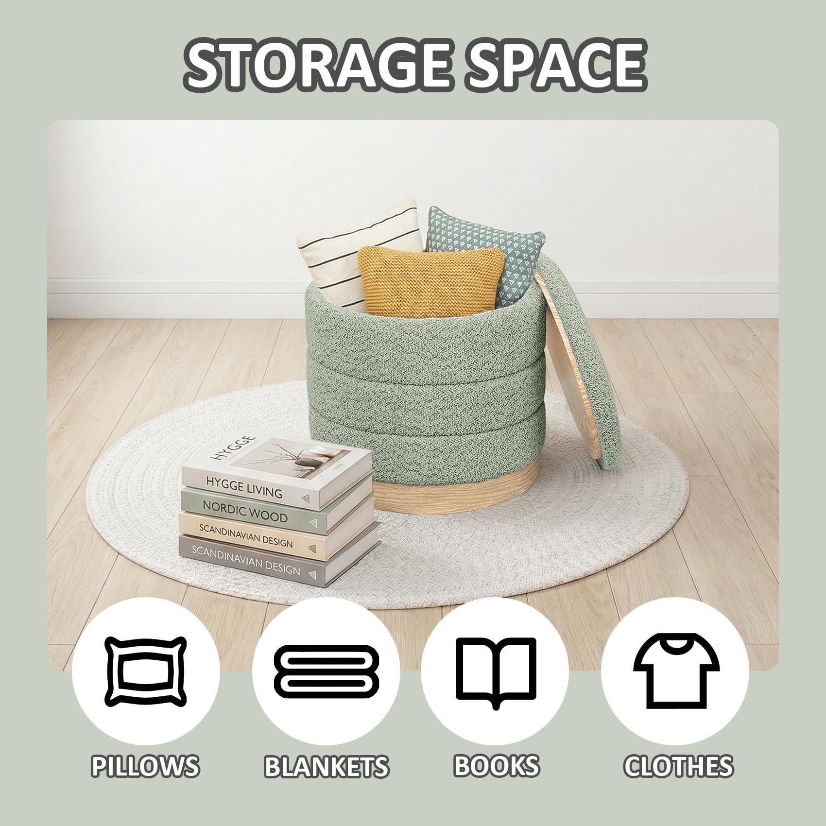 PINPLUS Round Chenille Storage Ottoman, Tray Top, 39x39x37 cm, Sage Green