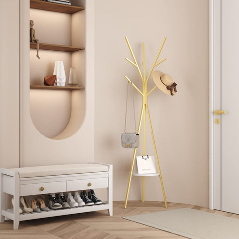 HOME BI Coat Rack Stand, Entryway Standing Coat Tree,Hat Stand Coat Hanger with 9 Hooks for Holding Jacket, Handbag, Clothes, Hats, and Scarves, Gold