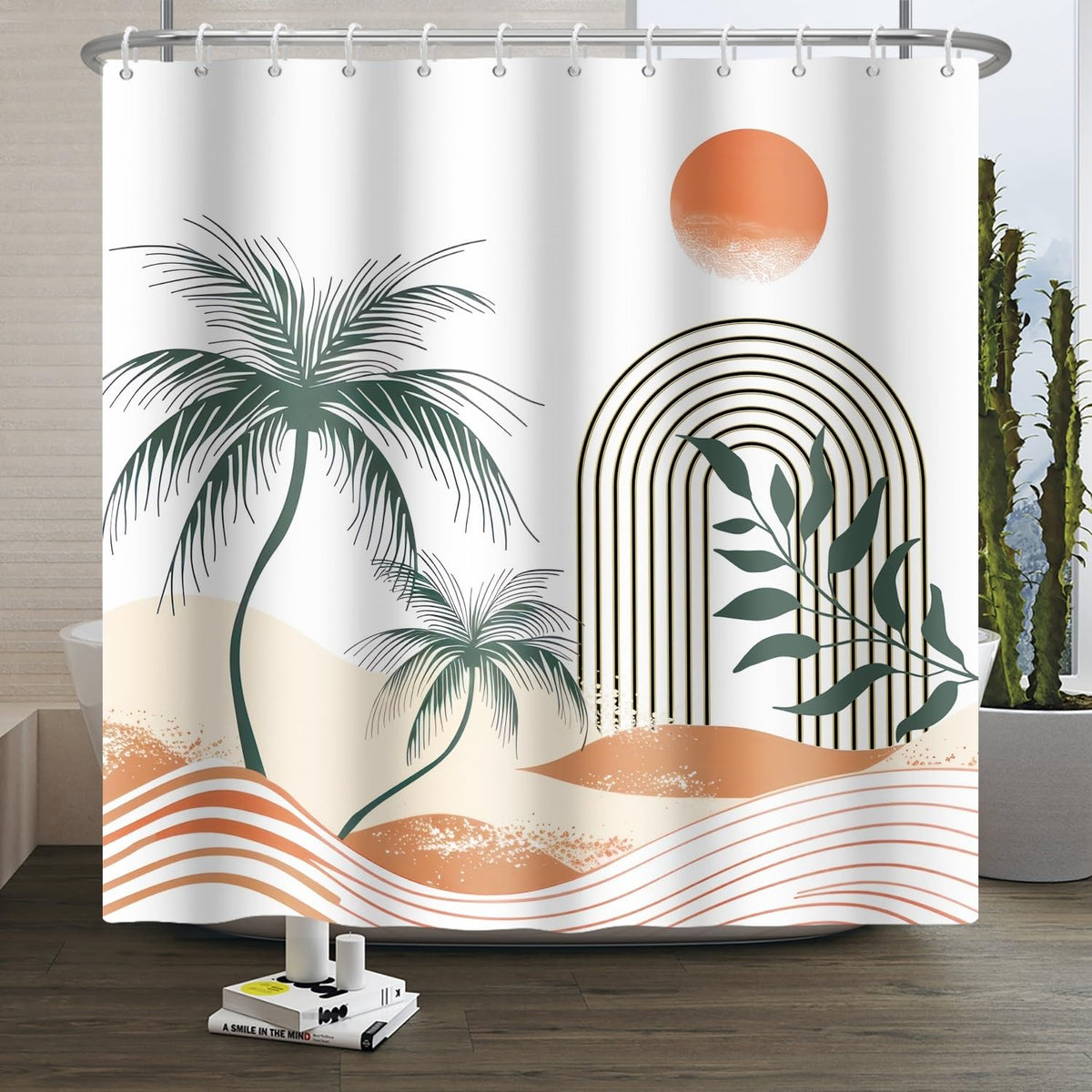 Xiaoterna Boho Sun Line Shower Curtain Palm Trees Summer Sand Beige Waterproof Bathroom Curtain Abstract Waves Green Leaves White Polyester Fabric