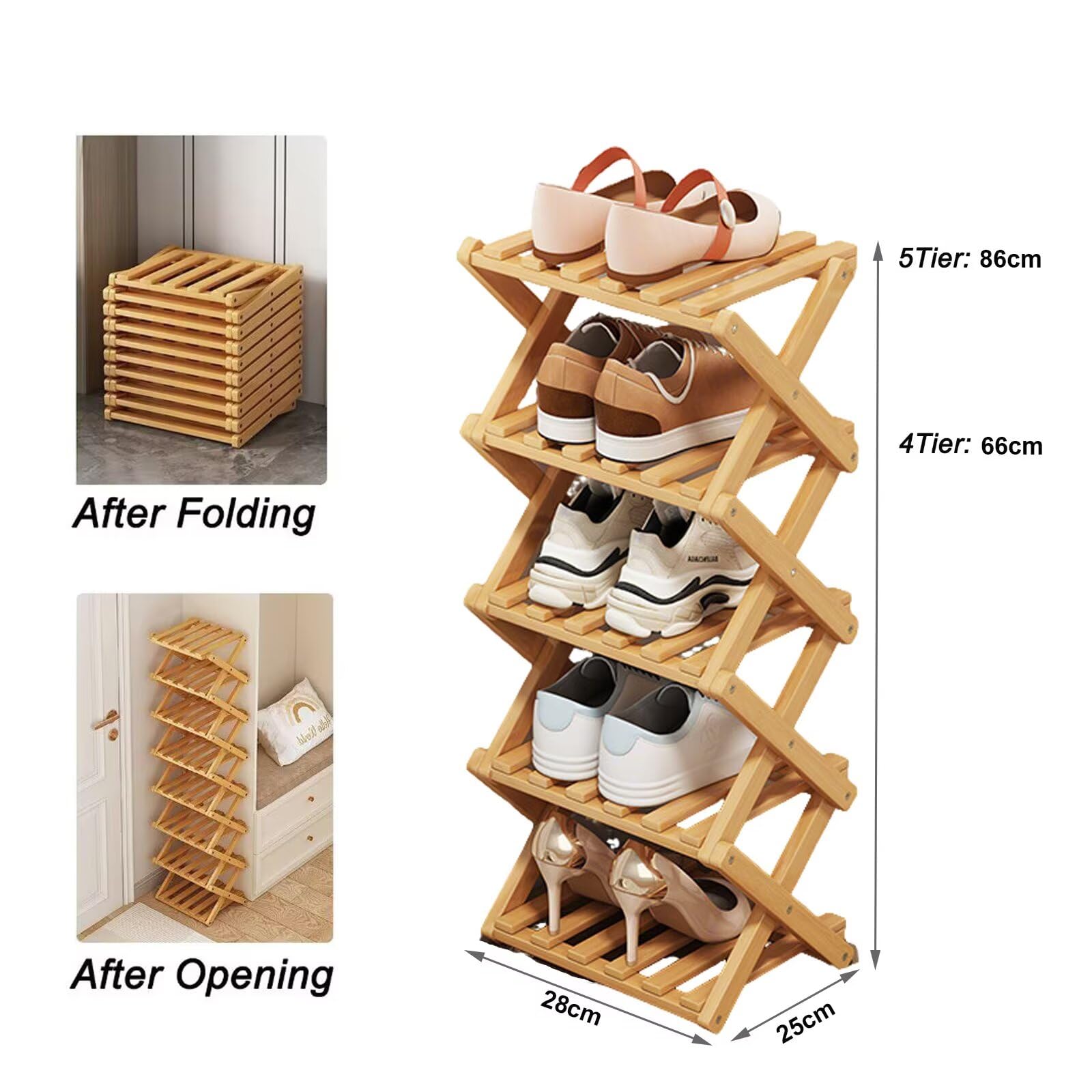 Tielag Vertical Shoe Rack Folding 4 Tier, Narrow Shoe Storage Rack, Bamboo Shoe Shelf, Tall Shoe Stand, Without Installation