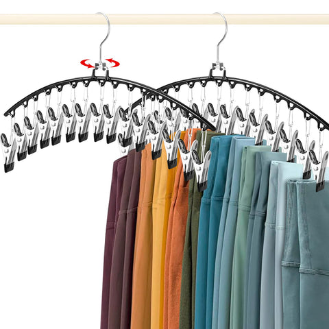 2 PCS Trouser Hangers with 15 Clips, 360° Swivel Hook Hanging Pants Hangers, Space Saving Closet Organizer and Storage for Leggings, Shorts, Skirts