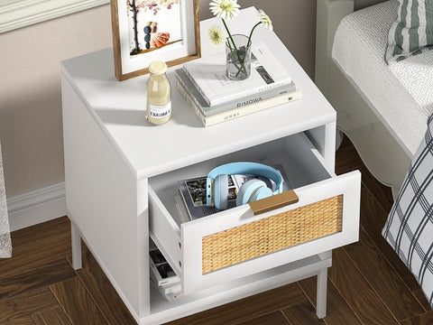 Skokliz Rattan Bedside Table, Boho Night Stand for Bedroom, 45x40x55 cm, Wood Nightstand with Drawer and Open Shelf, Side Table
