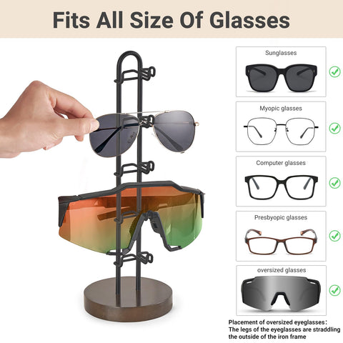 Mkono Sunglasses Organizer Glasses Holder Stand Sunglass Storage Eyeglasses Rack Metal Frame with Wood Base for 5 Pairs of Eyewear Display for Table