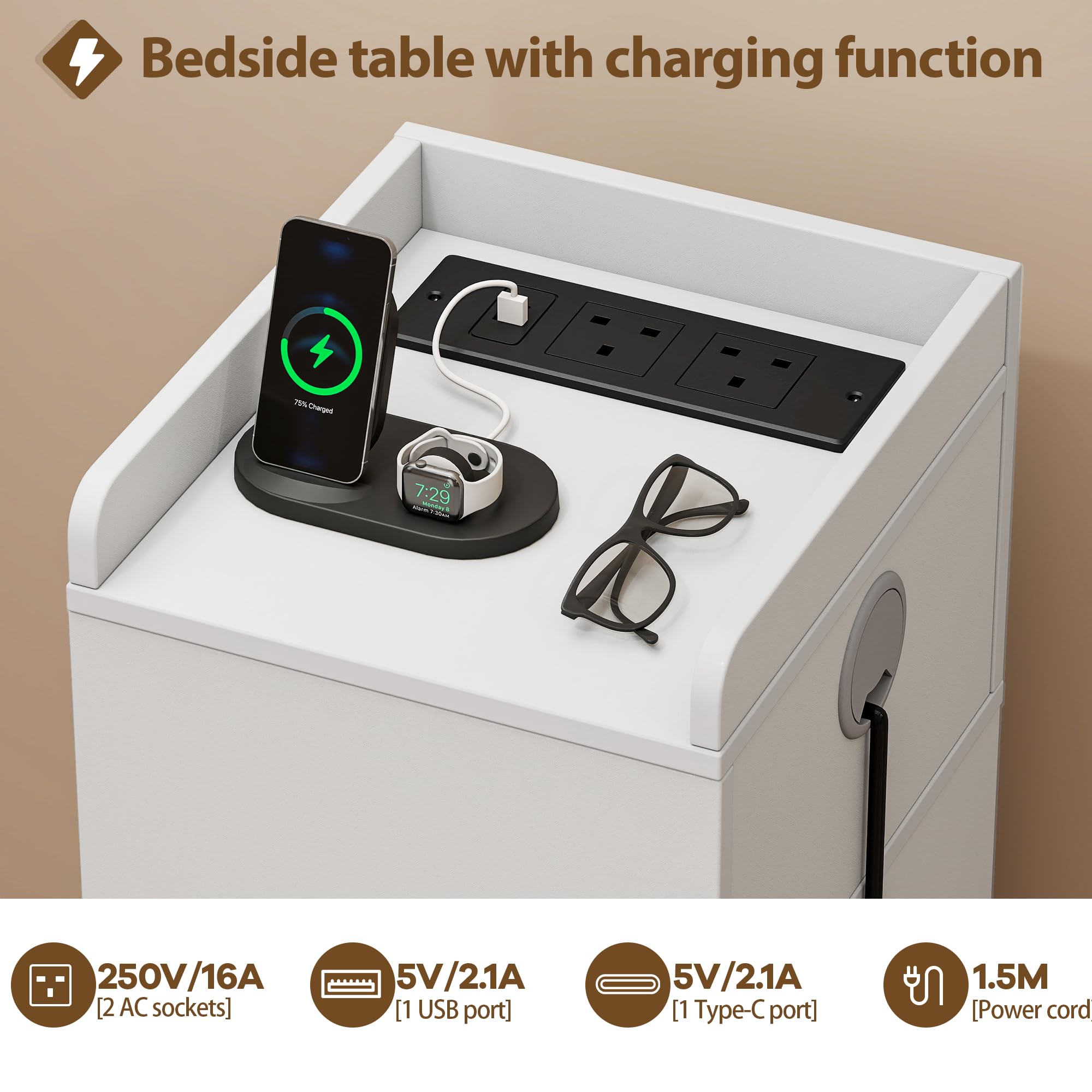 Quikraen Set of 2 Slim Bedside Table with Charging Station&Sensor LED Light