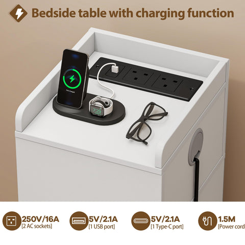 Quikraen Set of 2 Slim Bedside Table with Charging Station&Sensor LED Light