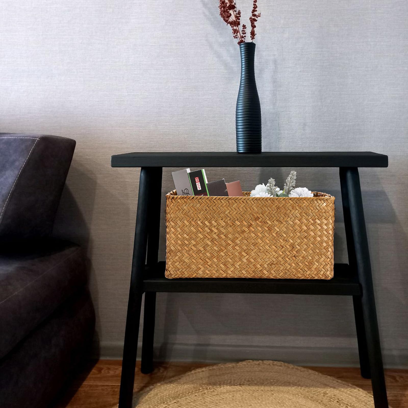 IGNPION Seagrass Storage Opened Basket - Living Room Decorative Woven Wicker Towel Organizer - Rectangular Bathroom Storage Box - Multipurpose Hamper