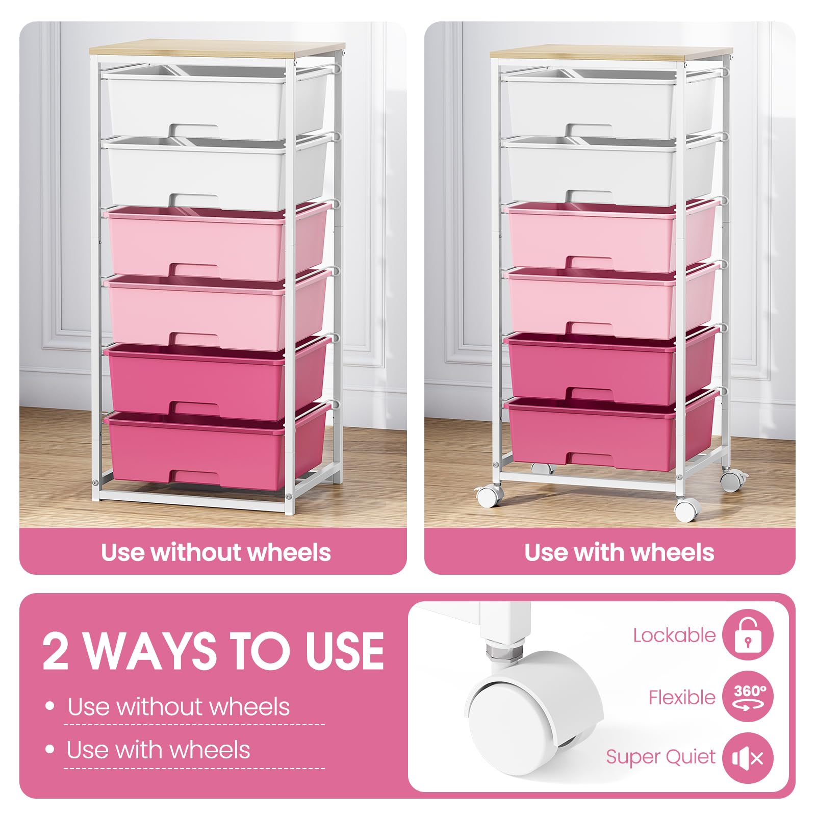 6-Drawer Craft Organizer Trolley Cart with Wooden Top, Pink