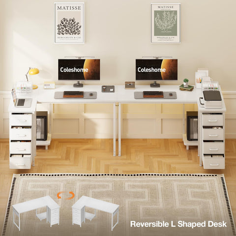 Coleshome Small Corner Desk with Drawers for Home Office, 120x70 cm, White