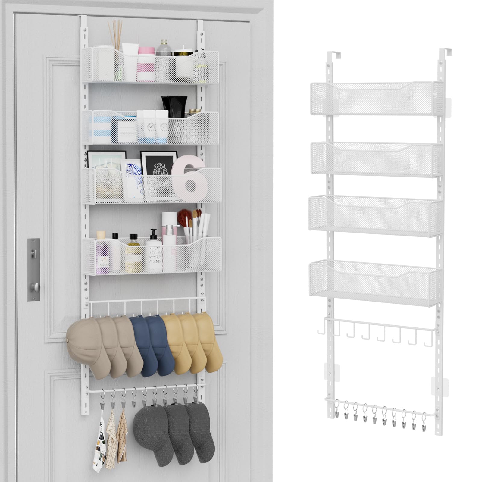Over the Door Organizer, 2 in 1 Metal Hanging Closet Organizer & Hat Rack with 4 Adjustable Baskets, 8 Hooks, 10 Clips