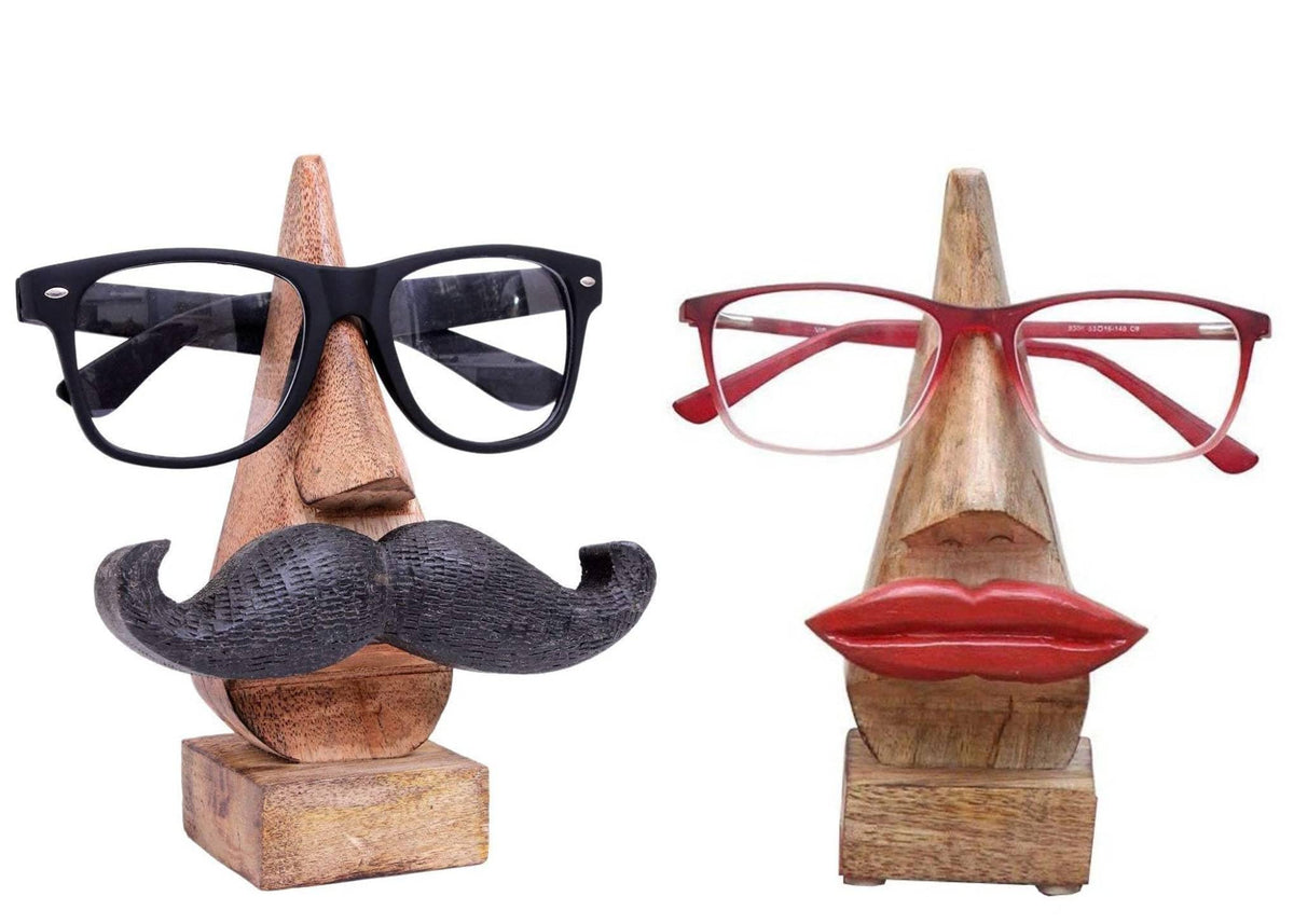 Ajuny Wooden Glasses Holder Decorative Lip and Moustache Design Set of 2