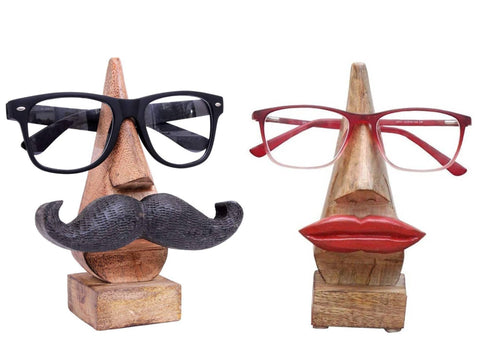 Ajuny Wooden Glasses Holder Decorative Lip and Moustache Design Set of 2