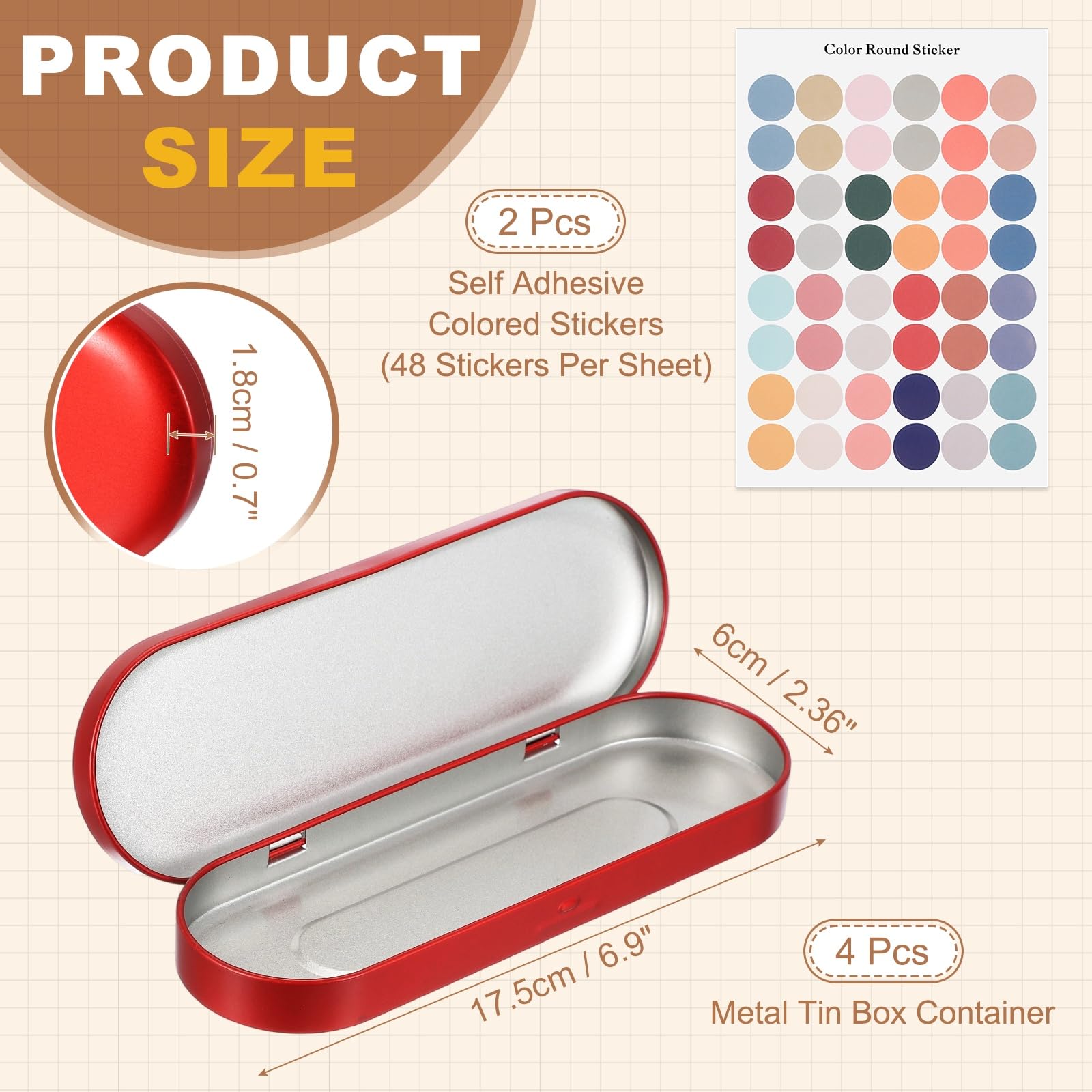 sourcing map 4Pcs Metal Tin Box Container, 6.9x2.4x0.7 Oval Empty Hinged Lid Box with Self Adhesive Colored Sticker