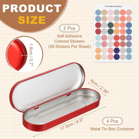 sourcing map 4Pcs Metal Tin Box Container, 6.9x2.4x0.7 Oval Empty Hinged Lid Box with Self Adhesive Colored Sticker