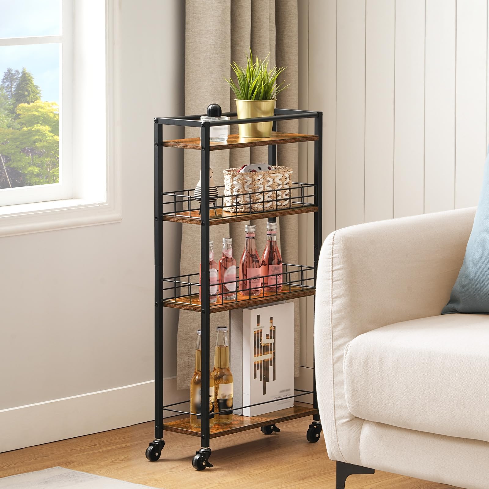 HOOBRO 4-Tier Slim Kitchen Storage Cart, Narrow Rolling Cart for Small Space, Versatile Serving Trolley on Wheels, for Kitchen, Dining Room