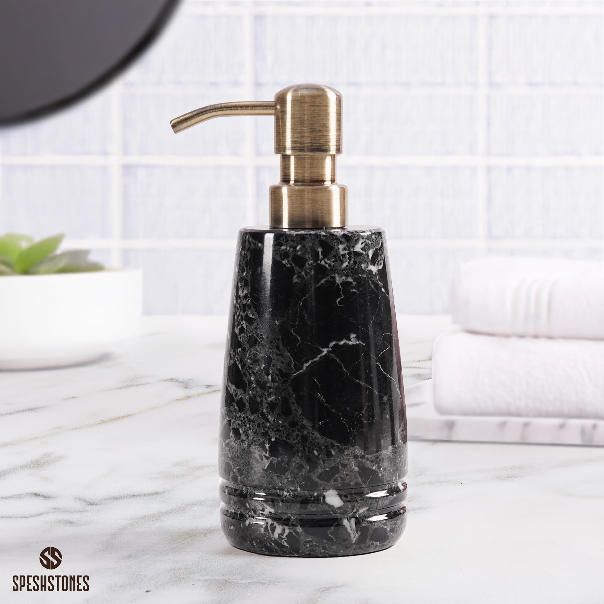 SPESHSTONES Marble Soap Dispenser 7.5 inches Black for Liquid Hand and Dish Soap for Kitchen Sink - Container for Sanitizer, Lotion