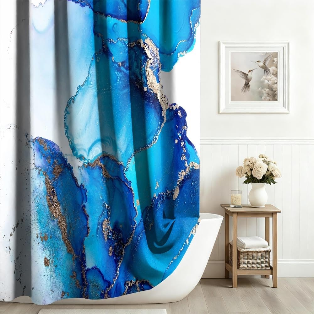 Xiaoterna Marble Shower Curtain Modern Luxury Blue Gradient Marble Waterproof Bathroom Curtain Abstract Art Gilding Wave Textured Washable Mildew