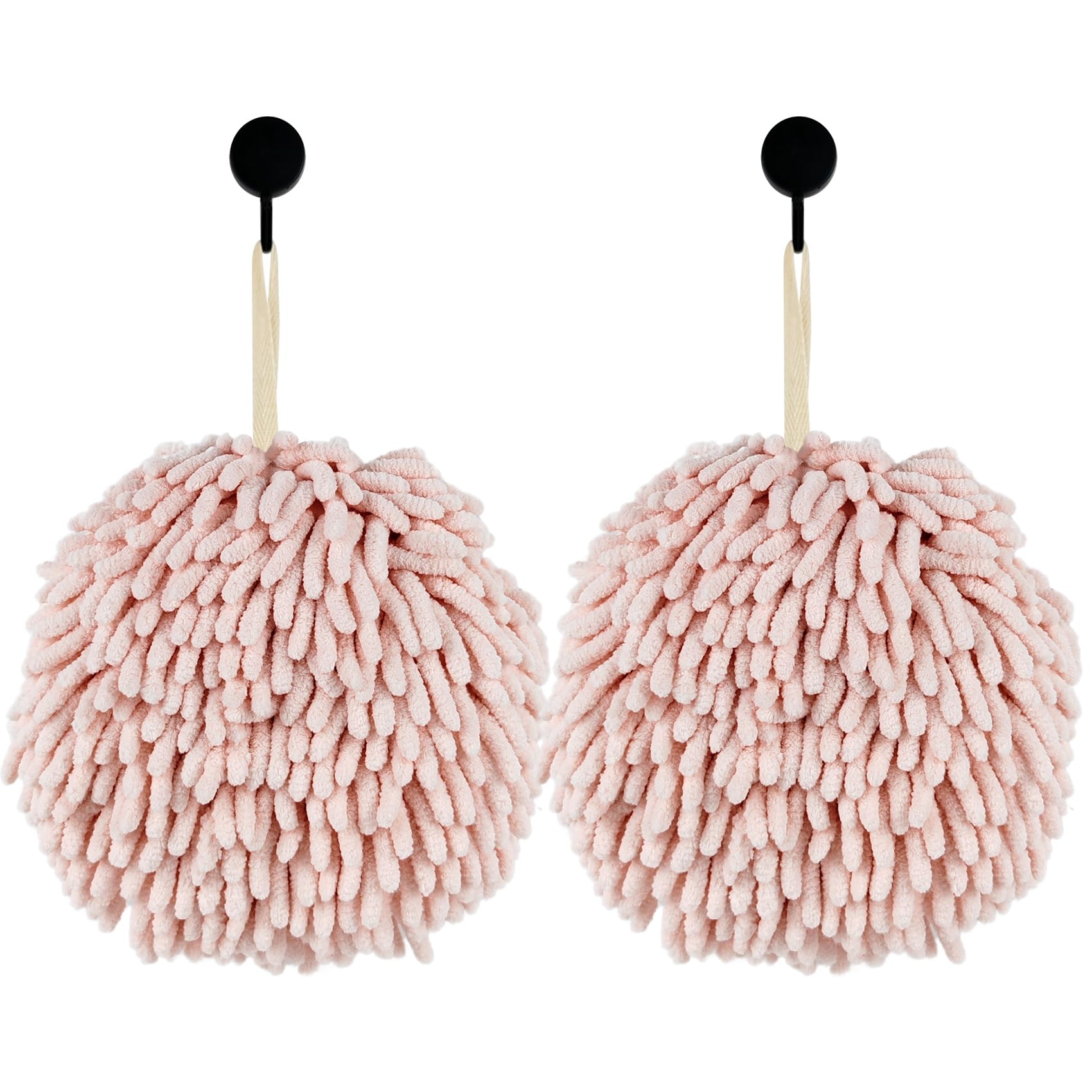 Fuzzy Ball Hand Towels, Set of 2, Chenille Quick Dry, 6.9inch (pink)
