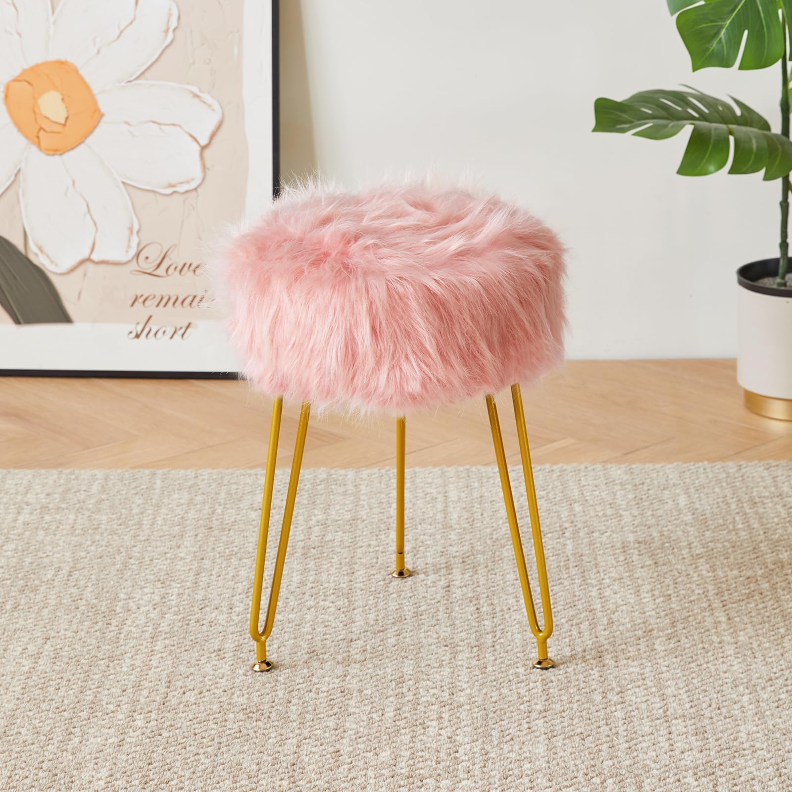 IBUYKE Faux Fur Vanity Chair, Furry Makeup Stool Ottoman, Pink L/G-32P