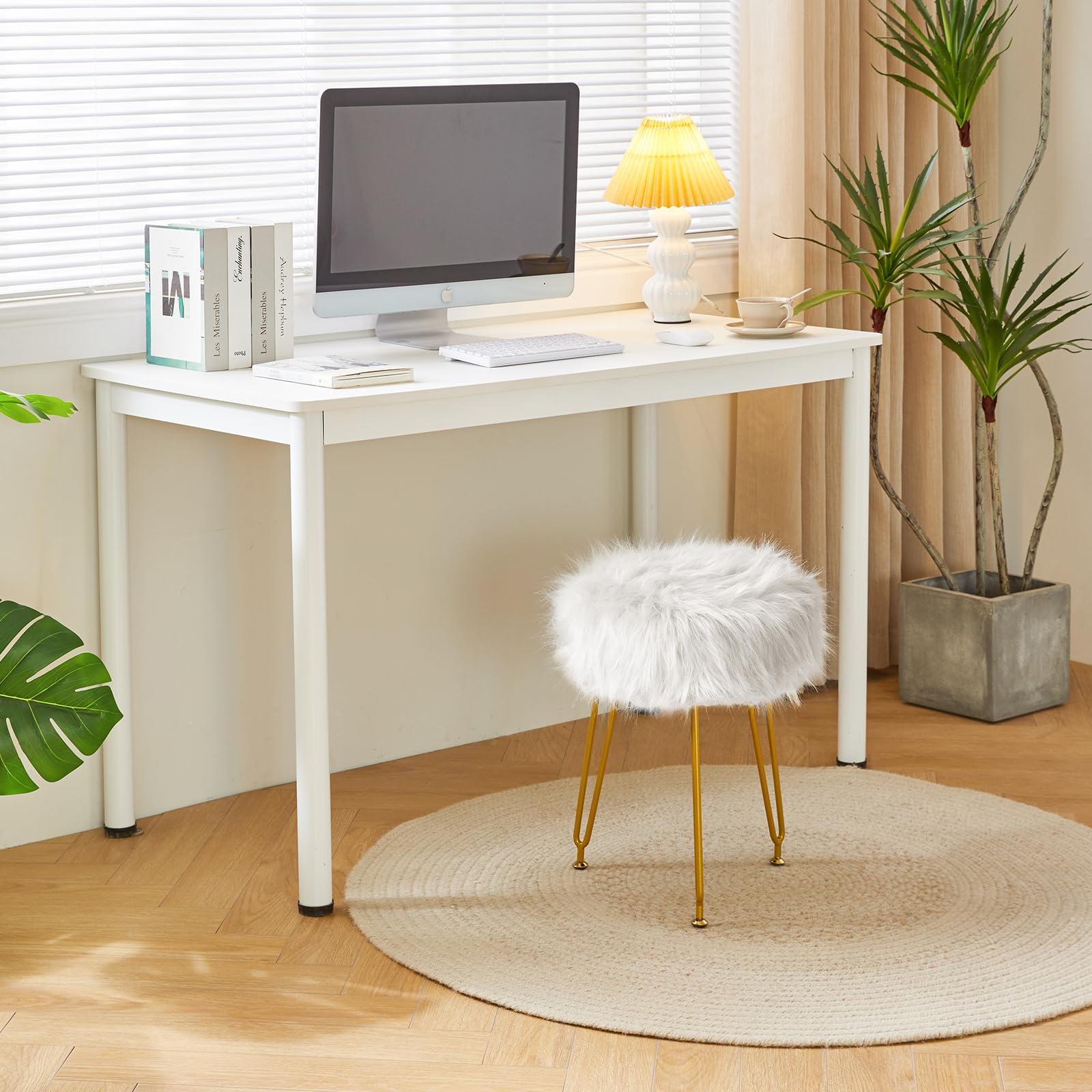 IBUYKE Faux Fur Vanity Chair, Furry Makeup Stool Ottoman, White L/G-32W