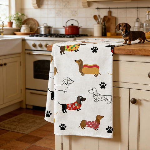 4 Pack sausage dog gifts and Dachshund Gifts Tea Towels sausage dog gifts for Kitchen Featuring Cute Sausage Dog Patterns -Dog Towels Made of Super
