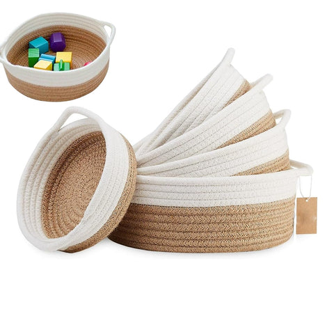 Set of 5 Storage Basket Woven Cotton Rope, Shelf Baskets with Handles for Toy Bathroom Storage