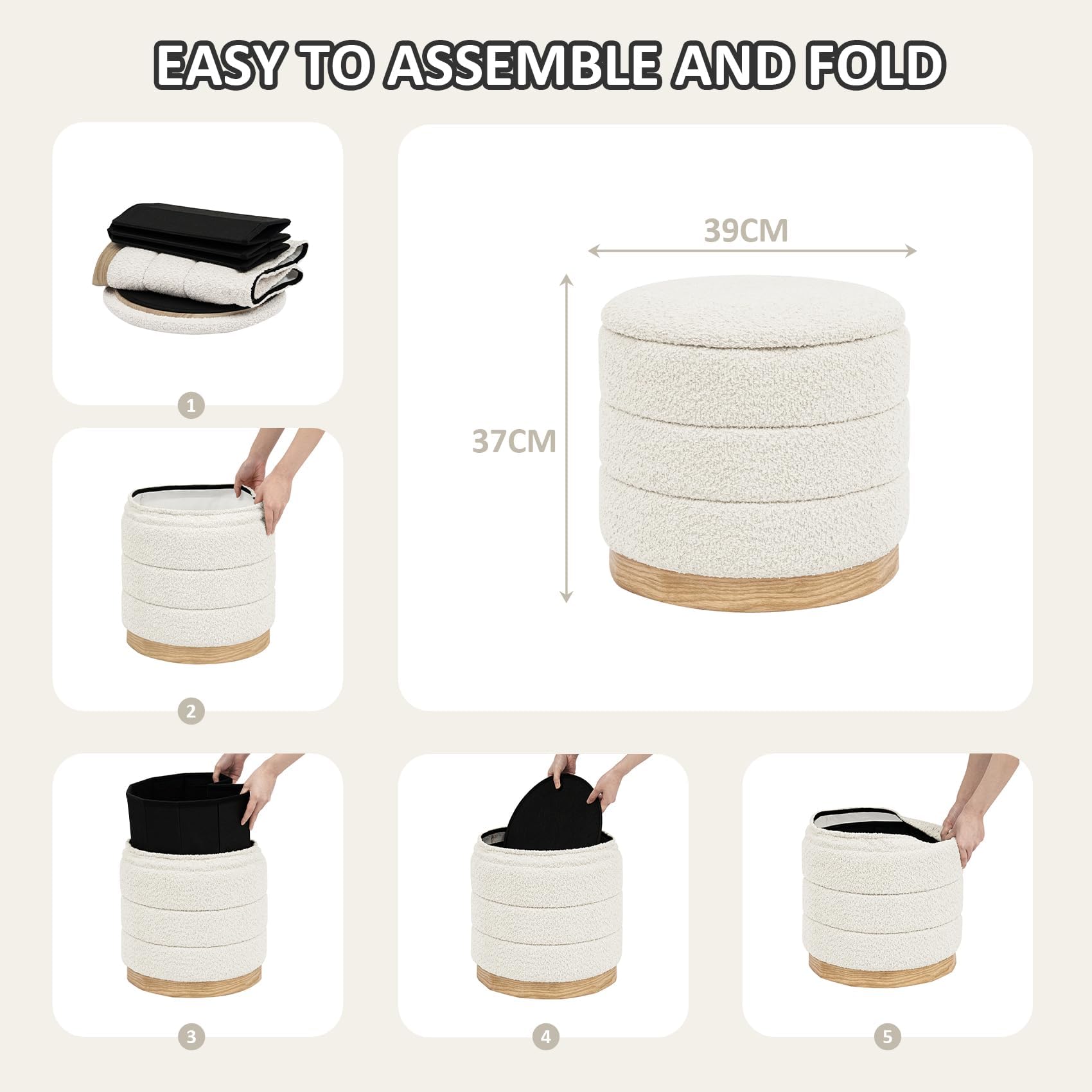 PINPLUS Round Chenille Storage Ottoman, Tray Top, 39x39x37 cm, Cream White