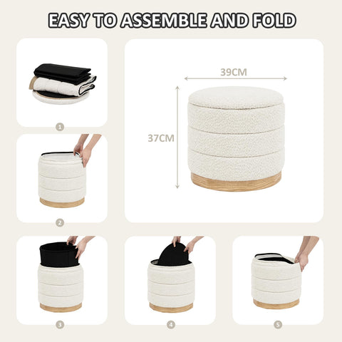 PINPLUS Round Chenille Storage Ottoman, Tray Top, 39x39x37 cm, Cream White