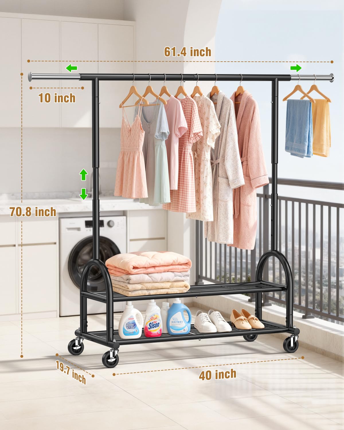 EAGMAK Heavy Duty Clothes Rail Load 252 KG, Rolling clothing Rail with Sturdy Wheels and 2 Shelves, Height Adjustable Metal Coat Racks
