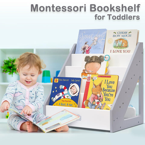 FUNLIO Montessori Bookshelf for Toddlers 1-5 Years, Front-Facing Kids Bookshelf with Handle & Anti-Tilting Device, Premium Pine Baby Bookshelf