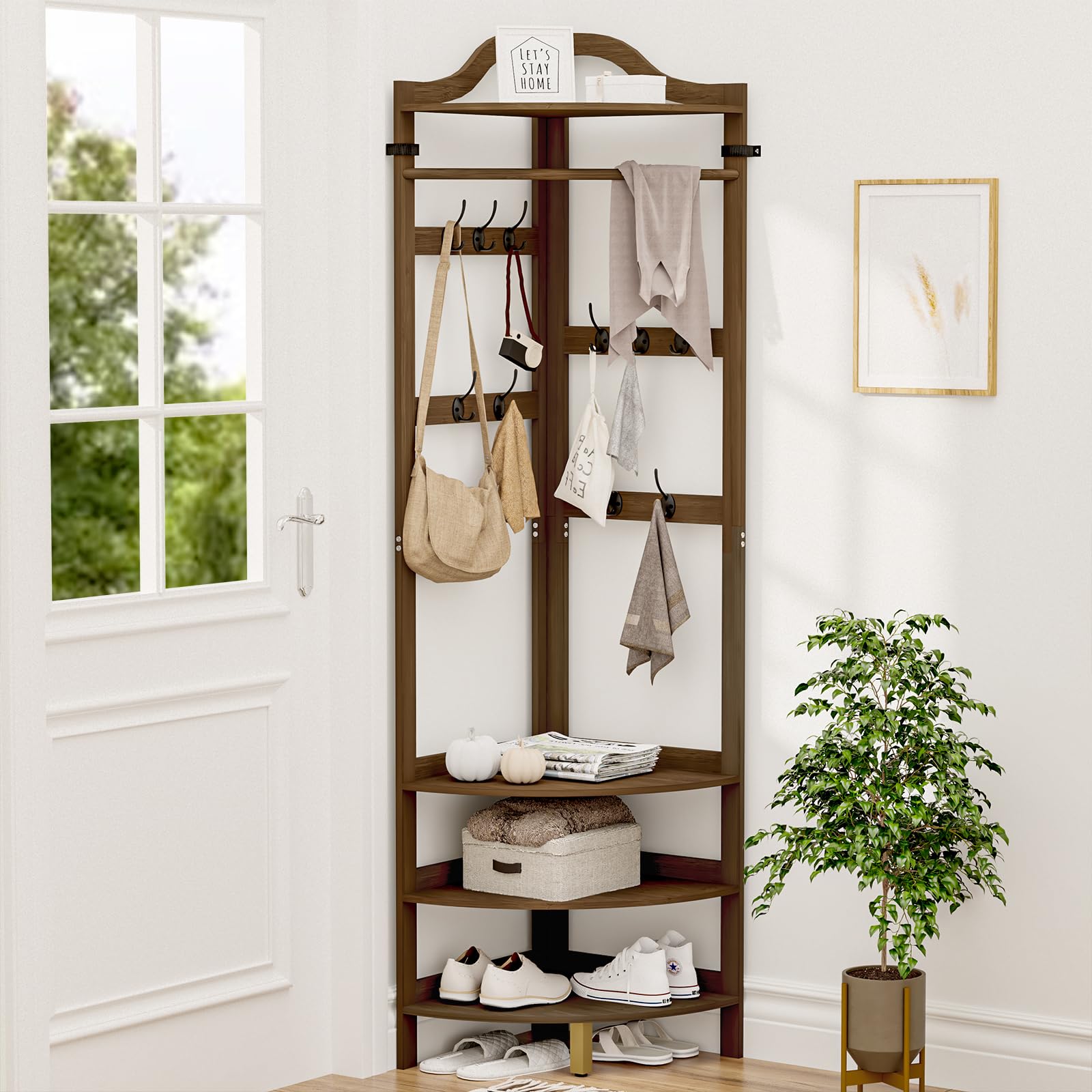 AMBIRD Bamboo Corner Coat Rack with Bench, 4-Tier Shoe Storage with 10 Hooks & Clothes Rod, Freestanding Hall Tree Unit for Entryway, Hall, Bedroom