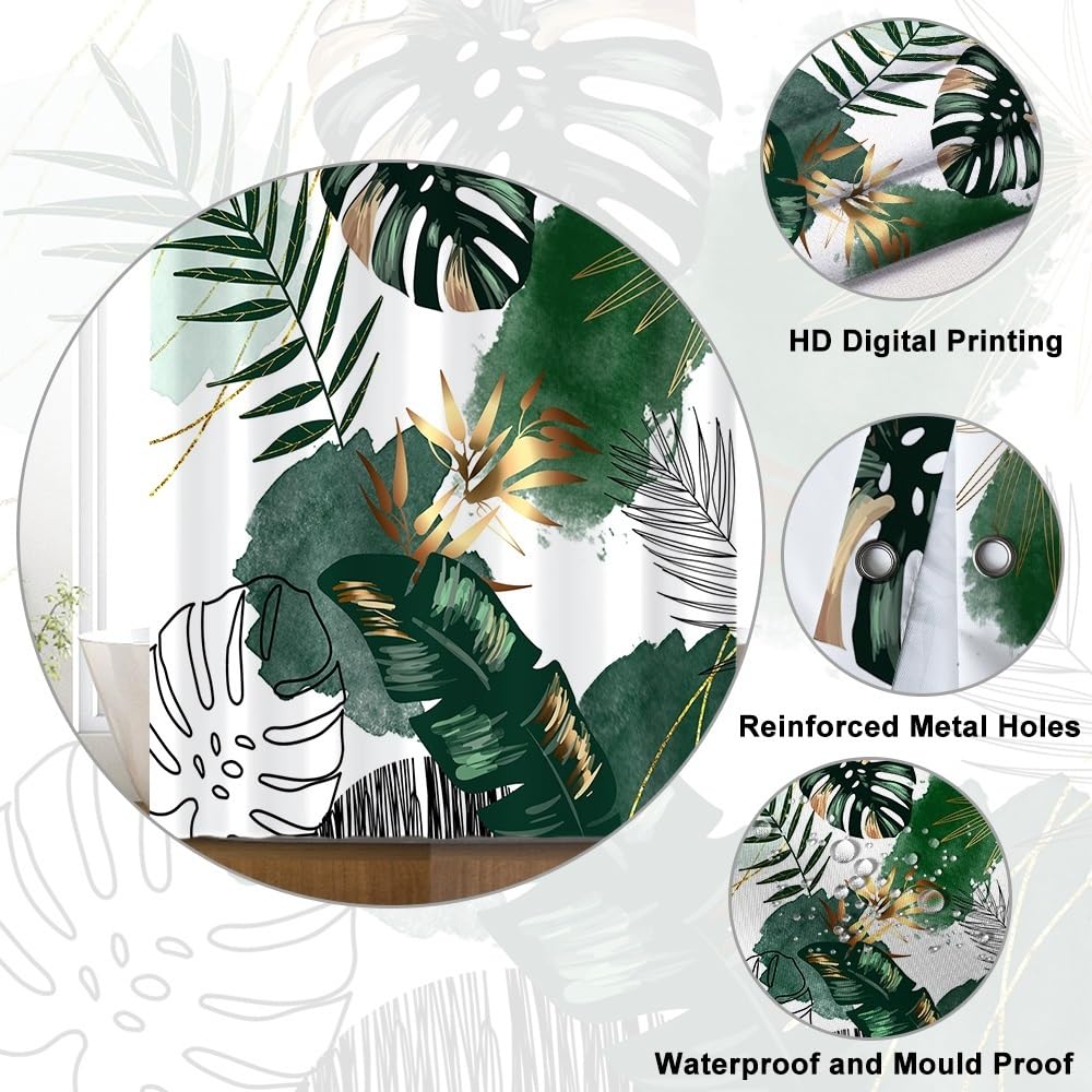 Uiiooazy Green Gold Shower Curtain, Abstract Palm Leaves Boho Monstera Tropical Plante Bath Curtain Anti Mildew Waterproof Polyester Fabric Opaque