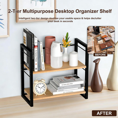 Desk Shelf Organizer, 2 Tier Desktop Bookshelf for Office Desk Storage