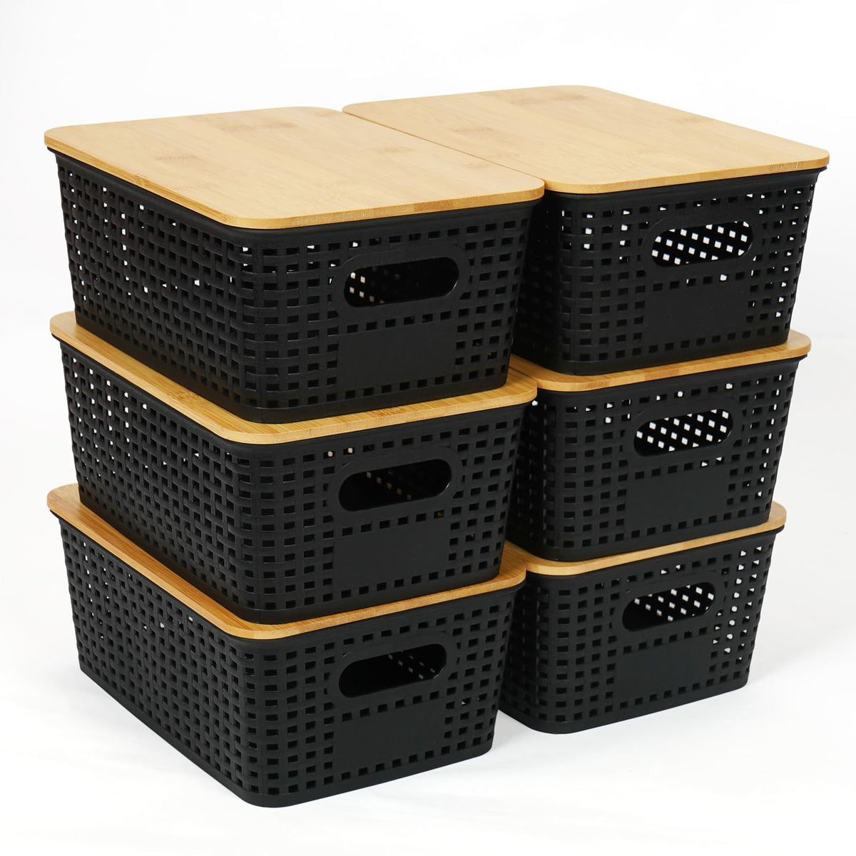 6Pcs Storage Plastic Baskets with Bamboo lids, Lidded Storage Bins - Black