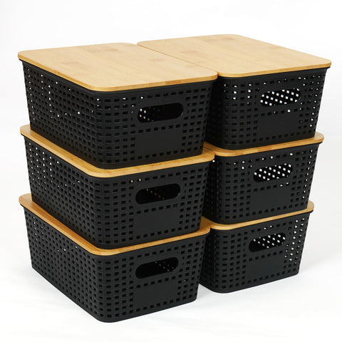 6Pcs Storage Plastic Baskets with Bamboo lids, Lidded Storage Bins - Black