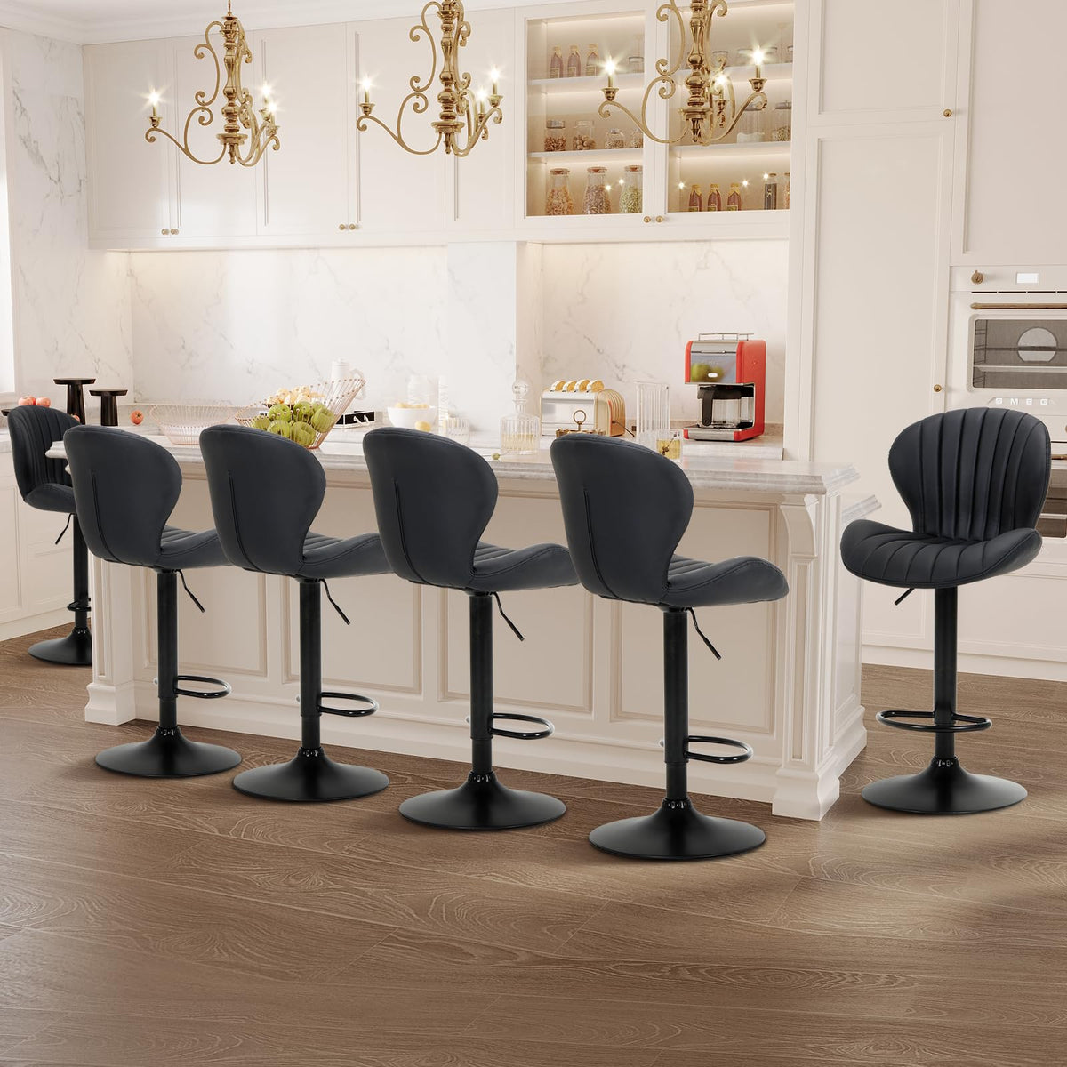 COLAMY Breakfast Bar Stools Set of 6, Modern Swivel Kitchen Bar Chairs, Adjustable PU Leather Upholstered Barstools Counter Height with High Backrest