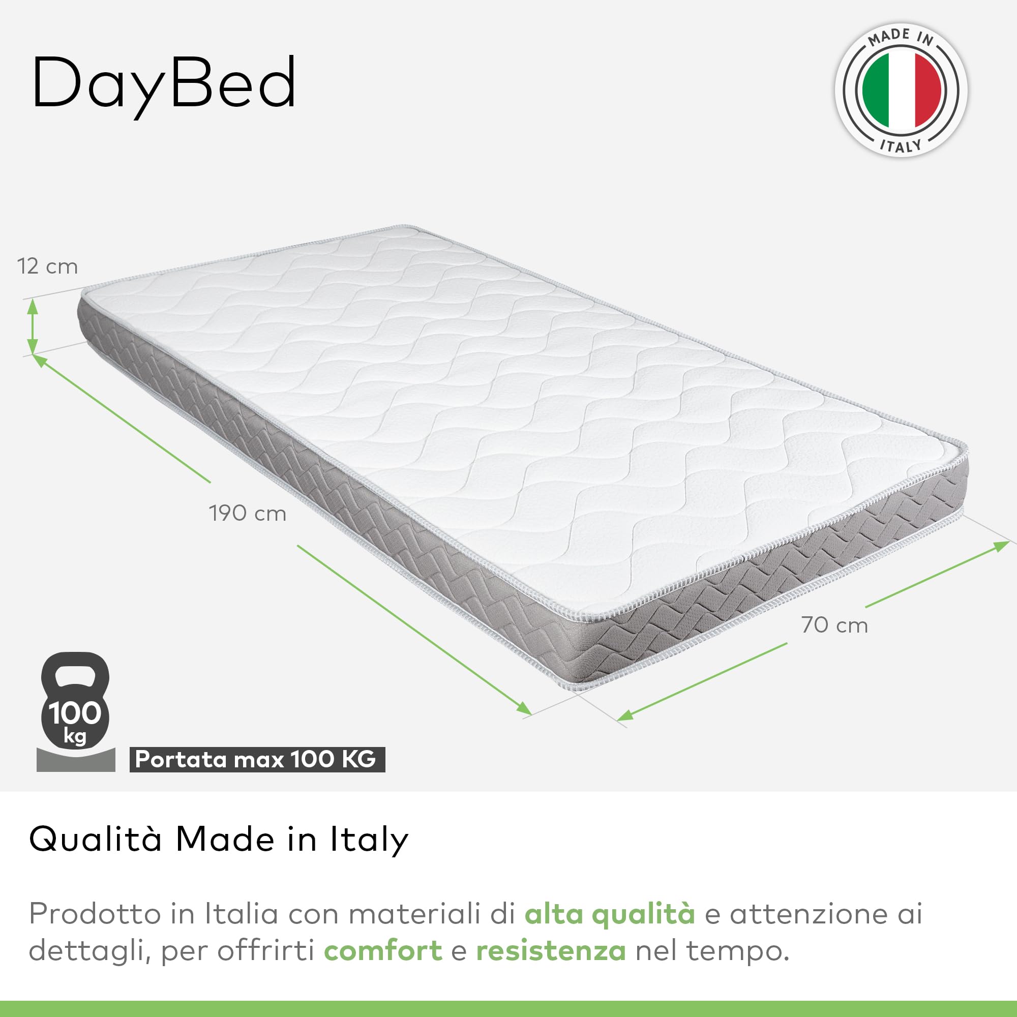 EVERGREENWEB MATERASSI & BEDS Sofa Mattress 70 x 190 cm Bed Height 12 cm Hypoallergenic White Coating Extra Firm Support Folding Foam Extra Mattress