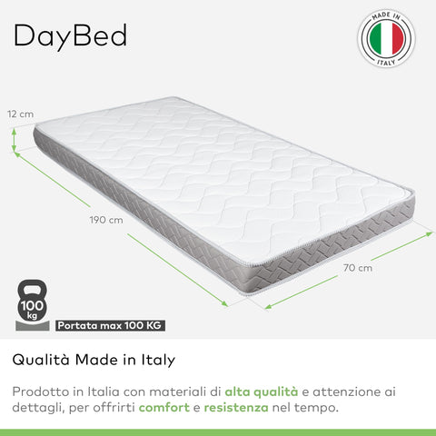 EVERGREENWEB MATERASSI & BEDS Sofa Mattress 70 x 190 cm Bed Height 12 cm Hypoallergenic White Coating Extra Firm Support Folding Foam Extra Mattress