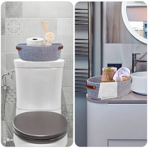 AmapleL Toilet Tank Topper, Small Cotton Rope Woven Storage Basket, Toilet Paper Holder with Handles, 13"x5.9"x4" Blue