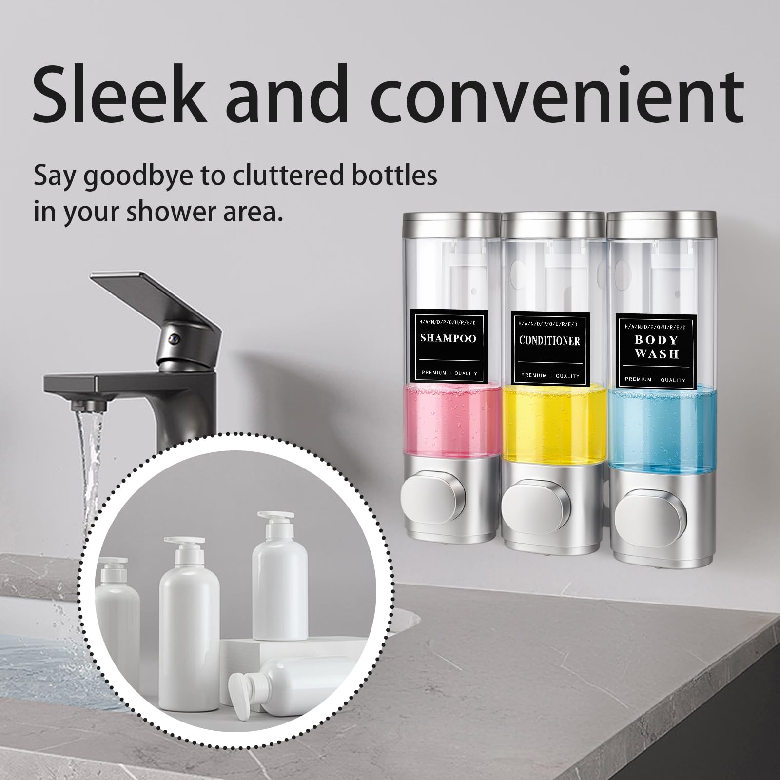 3 Chamber Shampoo and Conditioner Dispenser, Wall Mounted, 300 ml, Silver