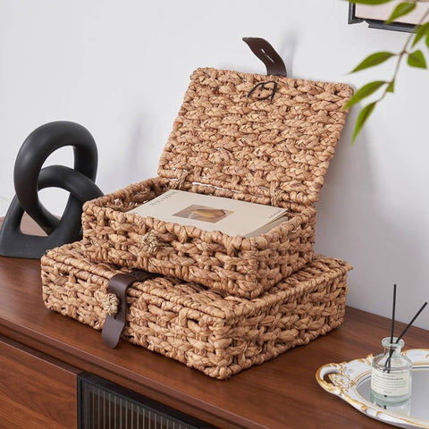Pinafresa Decorative Woven Box with Lid, Water Hyacinth Design Wicker Storage Basket for Shelf, Coffee Table Small