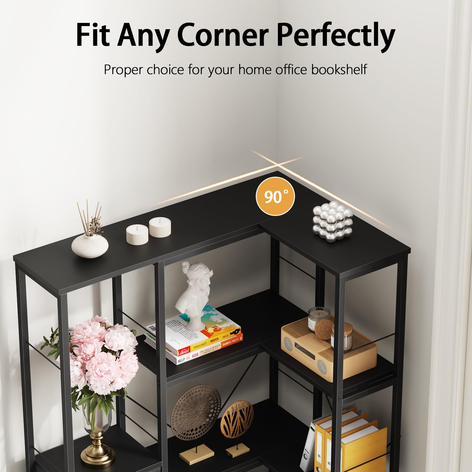 Corner Bookshelf Unit with 4 Fabric Drawers & LED Light, 5-Tier, Black