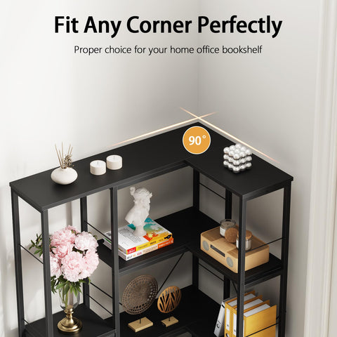 Corner Bookshelf Unit with 4 Fabric Drawers & LED Light, 5-Tier, Black