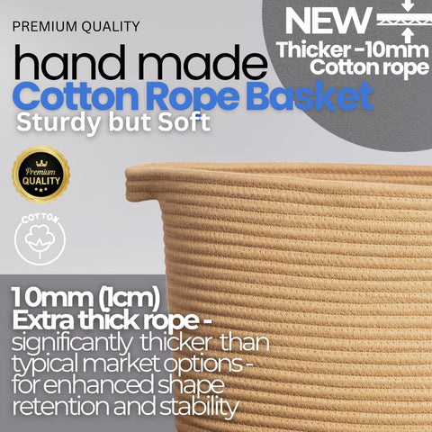4pcs Cotton Rope Storage Basket Set (3 Medium + 1 Small) Woven Baskets with Handles for Living Room, Bedroom, Bathroom & Nursery – Honey