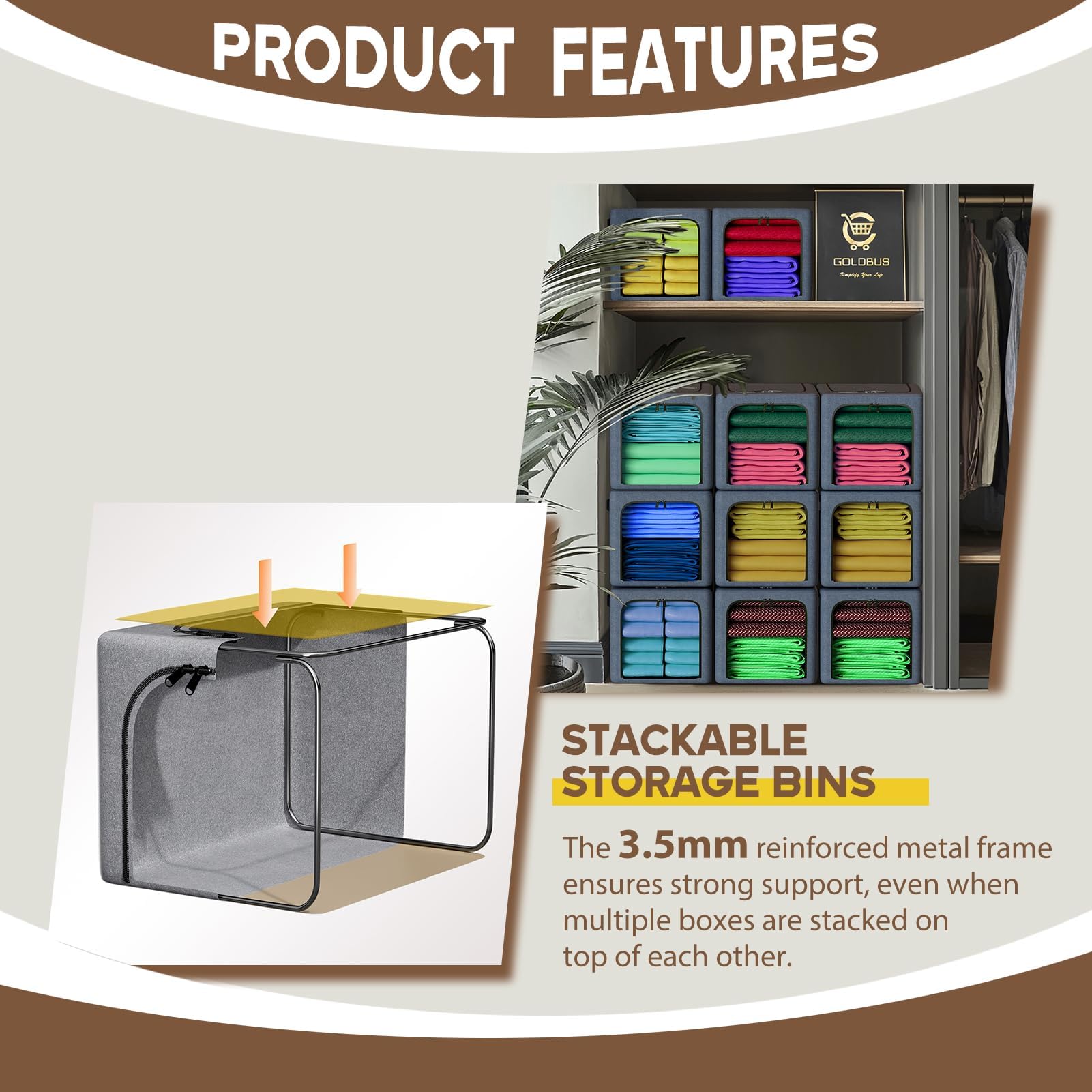 Goldbus 40LStackable Clothes Storage Bins with Metal Frame- 6 Pack Foldable Closet Organizers and Fabric Storage Box with Zippers